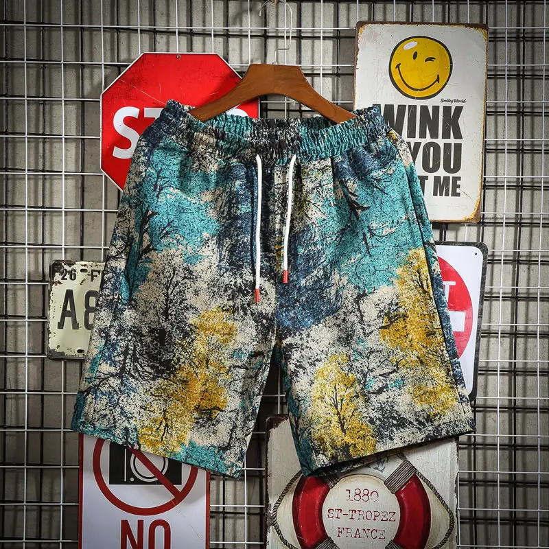 Большие размеры M-5XL новые летние шорты мужские повседневные шорты с цветочным принтом Мужские шорты из дышащего хлопка с эластичной резинкой на талии облегающие пляжные шорты