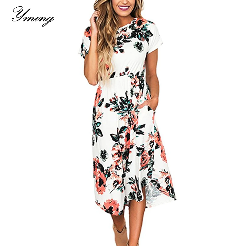 

YMING Summer Elegent Boho Women Long Dress Pockets Party Casual Dresses Floral Print Beach Sundress O-Neck Vestidos Midi Dresses