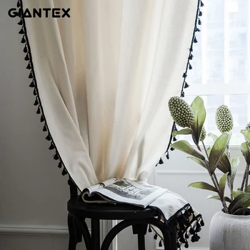 

GIANTEX Japnese Solid Curtain Black Tassel Window Kitchen Curtain ins Cotton and Linen Semi-blackout Curtains