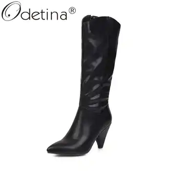 

Odetina Women Fashion Side Zipper Pointed Toe Knee High Boots Female New Sewing Block Extreme High Heel Zip Up Winter Long Boots