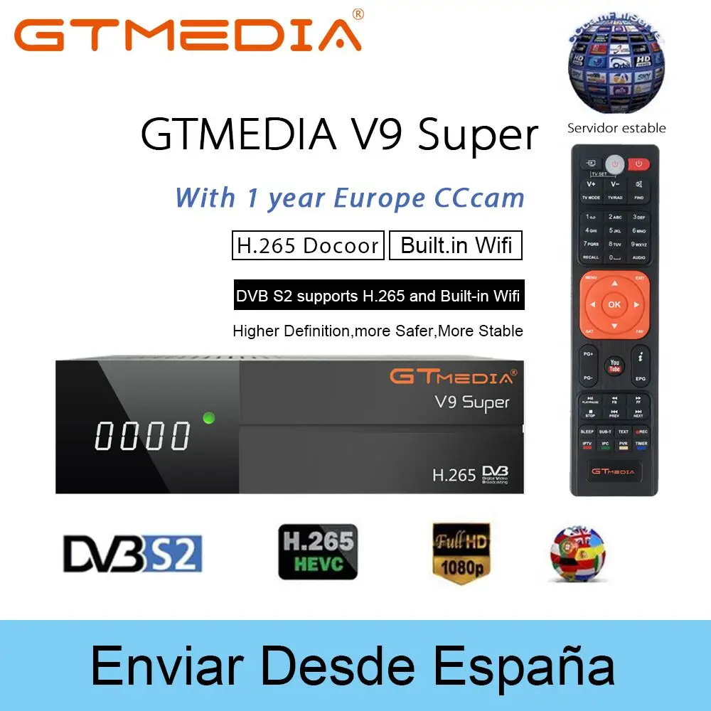 GTMedia V9 Супер Спутниковый ресивер DVB-S2 H.265 встроенный WiFi с 1 год Испания Европа Cccam GTmedia V8 NOVA V9 супер приемники