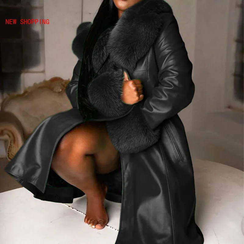 2023 X-long Leather Coat Fur Collar Winter Solid Color Lapel PU Zipper Plus Size Overcoat Casual Womens Jackets Parkas Black New