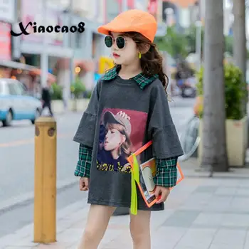 

2020 New Fashion Long Sleeve T-shirts for Girls Fake Two Loose Tops Children Cotton Plaid Casual t-shirt Big Kids Girls Clothes
