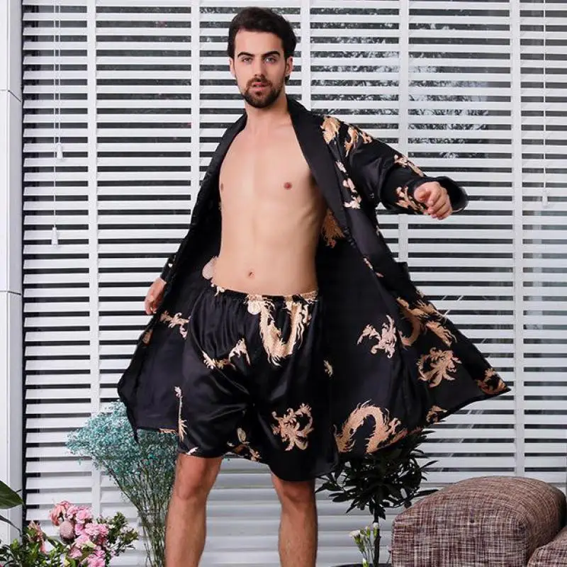 Extra Large Black 2pcs Robe Suit Sleepwear Male Silk Dragon Dressing Gown Robe With Dragons Mens Satin Bathrobe Silk Kimono 5XL large size 4xl 5xl men satin robe set dragon print 2pcs sleepwear silky nighty