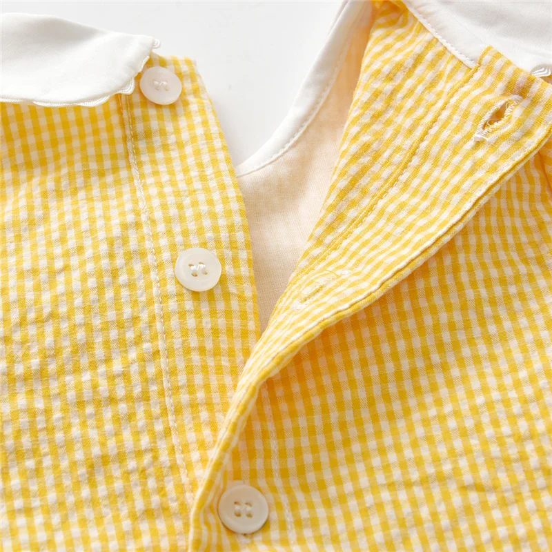 Spanish Baby Girl Plaid Romper Summer Newborn Embroidery Flower Cotton Jumpsuit Infant Baptism Yellow Rompers Toddler Clothes