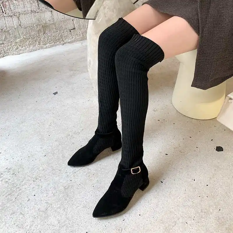 Vichelo Hot Internet star cow suede stretch fabric pointed toe med heels buckle straps winter women warm over-the-knee boots L77