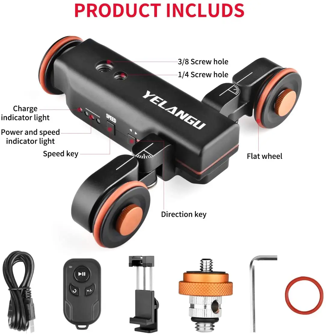 YELANGU L4X 전동 카메라 비디오 돌리, 캐논 니콘 DSLR iOS 안드로이드 스마트폰용, 전기 모터 트랙 슬라이더 오토돌리