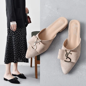 

Sweet suede bow 2020 spring Women's slipper pointed toe chunky low heels slides non-slip Female Indoor fashion chic shoes tide