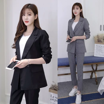 

2020 Autumn New Female blazer set Solid Color Double-breasted Pocket Slim Thick Blzaer + Pants 2 Piece Set Office Lady suit