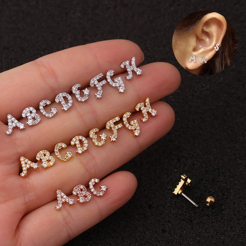 1pc Edelstahl Ohr Bolzen Cz Strass Knorpel Piercing Schmuck 26 Englisch  Buchstaben Name Helix Schraube Zurück Bolzen Ohrringe|Stud Earrings| -  AliExpress