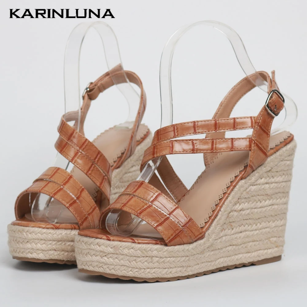

Karinluna Plus size 43 dropship ankle-strap platform straw wedges high heels leisure lady summer sandals women shoes woman
