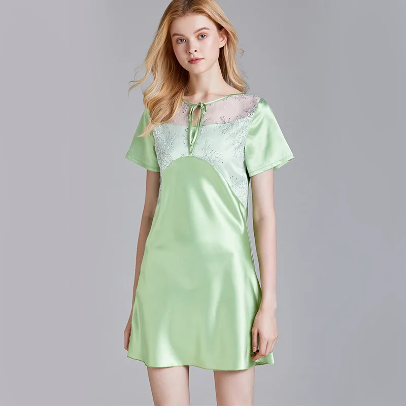 

Roseheart Women Fashion Pink Sexy Sleepwear Lingerie Faux Silk Lace O Neck Nightwear Homewear Nightgown Female Gown