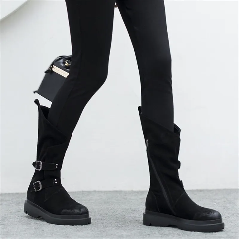 ASUMER Newest mid calf boots women suede leather buckle zip flat platform shoes autumn winter Motorcycle Boots female
