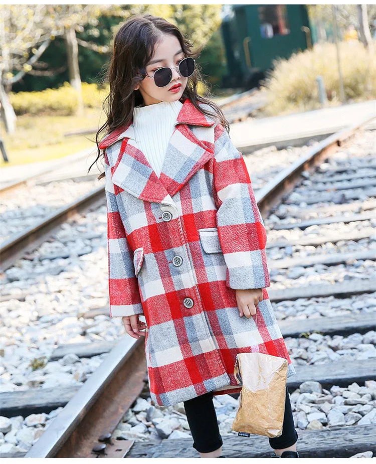 Fashion Winter Children Trench Coats Clothing Big Girls Plaid Worsted Tops Turn Collar Long Full Sleeve Cotton Jackets Kids