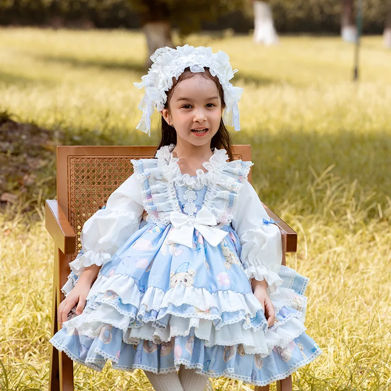 Sweet Cute Kid Princess Dress Exquisite Print Bear Loli Lolita Dress Soft Cotton Girl Halloween Carnival Stage Performance Suit