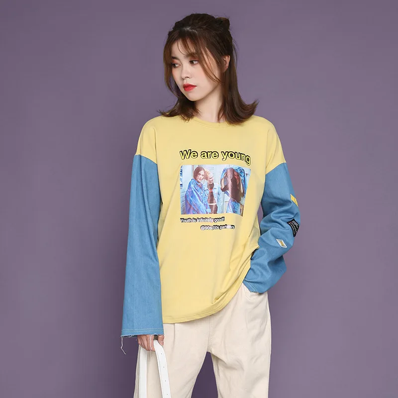 Boyfriend осенние женские толстовки с модным принтом джинсы с лоскутным рукавом толстовки свободные тонкие толстовки уличная одежда Топ желтый белый