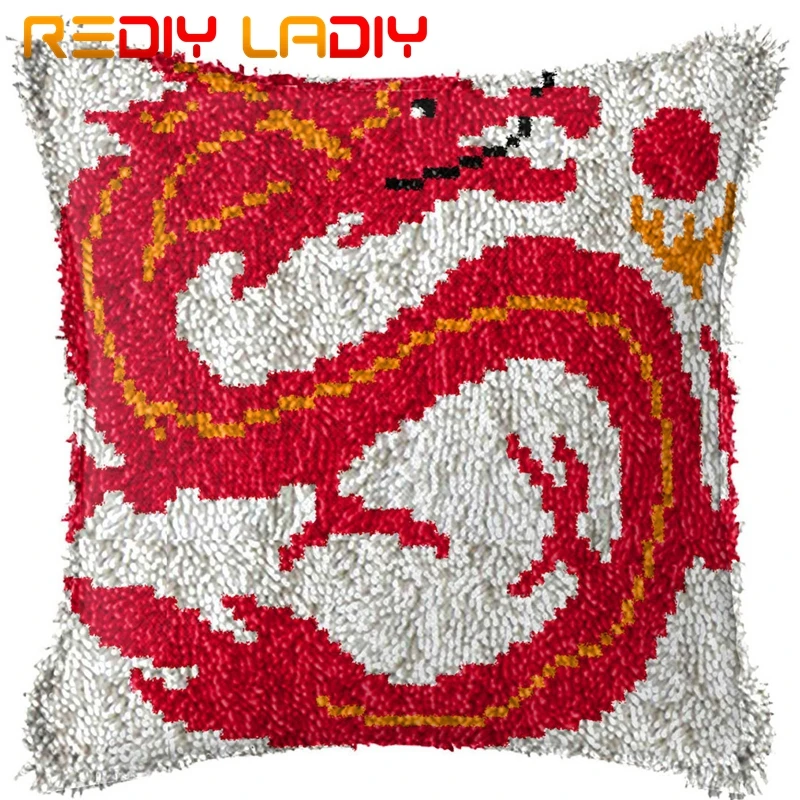 Latch Hook Cushion Oriental Dragon Pillow Case Printed Color Canvas Acrylic Yarn Latched Hook Pillow Crochet Cushion Cover Kits
