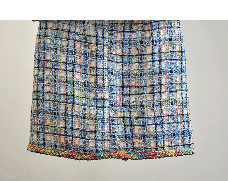 Autumn Tweed 2 Piece Set Suit Women Weave Plaid Button Pocket Short Jacket Coats+ Mini Pencil Skirt Set Two Piece Outfits