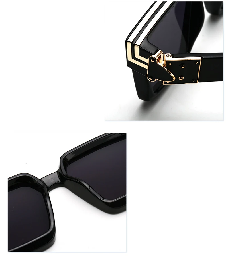 A close-up of the Oversized Sunglasses for Men and Women reveals their sleek black square frame paired with dark lenses that provide UV400 protection. The top right corner highlights a detailed view of the temple, featuring gold-colored hinge accents and decorative stripes for a retro designer touch.
