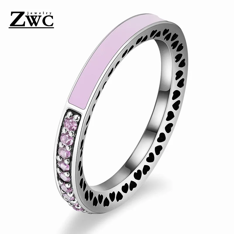 ZWC модный Сияющий светильник в виде сердец с розовой эмалью и прозрачным CZ кольцом на палец для женщин, кольца с кристаллами из медного сплава, ювелирные изделия в подарок - Цвет основного камня: LightPink