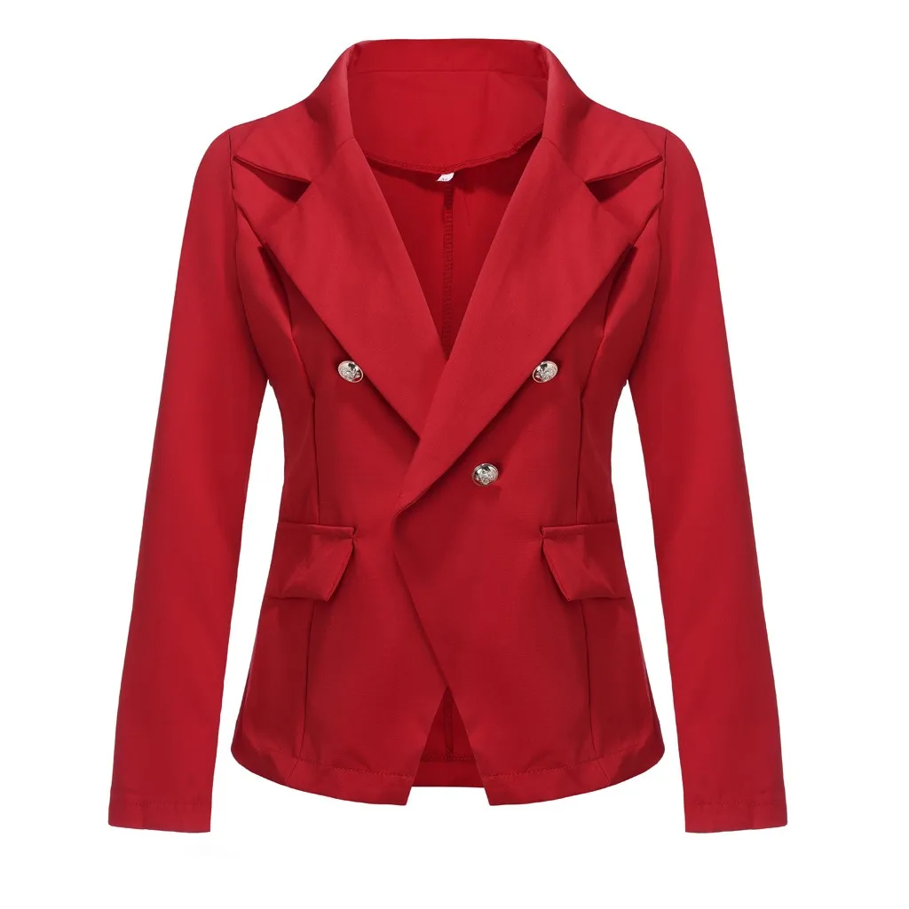 JAYCOSIN, Ретро стиль, двубортный Блейзер, женский, элегантный, 4 цвета, Блейзер, пальто, длинный рукав, верхняя одежда, зубчатый карман, офис, повседневный Топ - Цвет: Красный