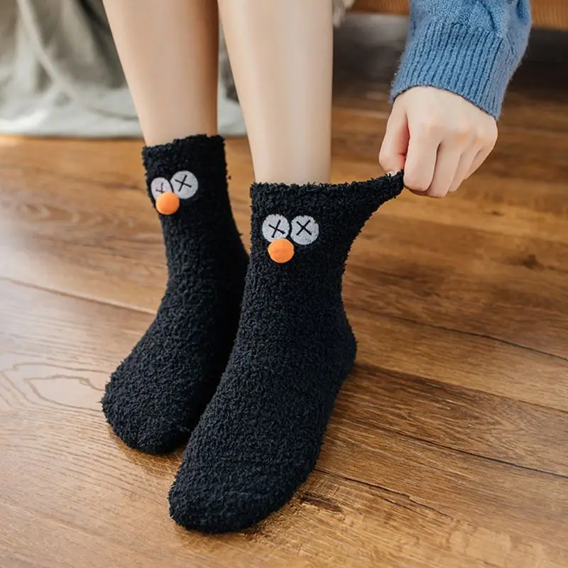 

Women Winter Coral Velvet Slipper Socks Cute Eye Embroidery Pompom Sleep Hosiery
