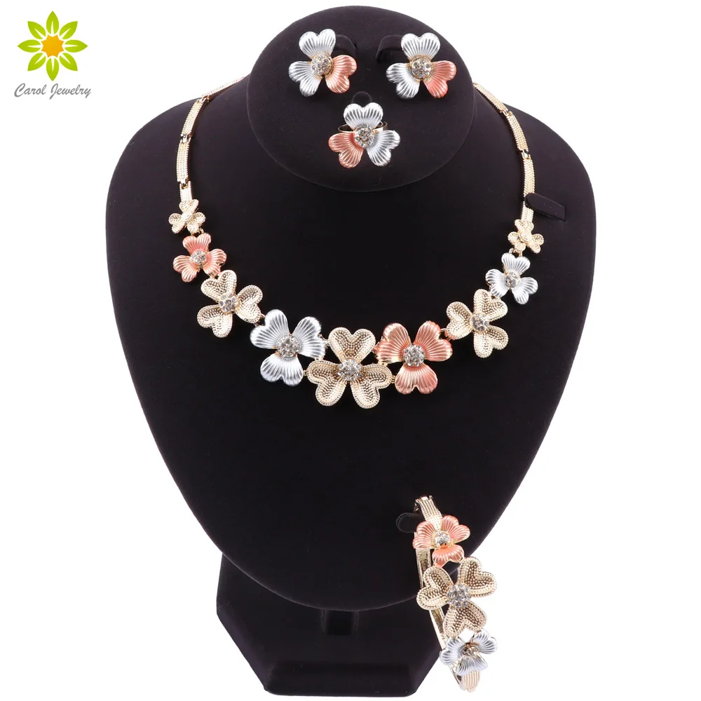 Fashion Women Gold Jewelry Sets Flower Shape Crystal Necklace Bracelet Earrings Ring Luxury Wedding Set | Украшения и аксессуары