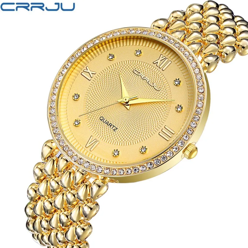 CRRJU Горячая Мода бренд Relogio Feminino женские часы из нержавеющей стали дамские модные повседневные часы кварцевые женские часы - Цвет: gold