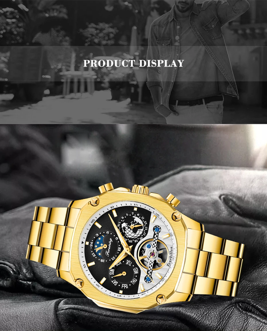 FORSINING золотые деловые часы Мужские автоматические светящиеся часы Tourbillon Moonphase механические часы Лидирующий бренд Relogio Masculino