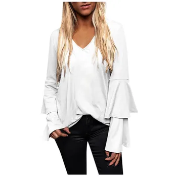 

Women Double Flare Sleeve V Neck Sweatshirt Ladies Elegant Long Sleeve Solid Casual Loose Tops Sweatshirt Pullover Shirts