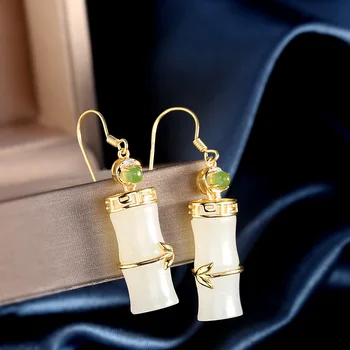 

cross border Earrings Chinese style clothing versatile S925 silver plated bamboo knuckle and Tian Jade Earrings female