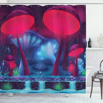 

Mushroom Shower Curtain, Magic Mushrooms with Vibrant Neon Design Graphic Image Enchanted Forest Theme Print, Cloth Fabric