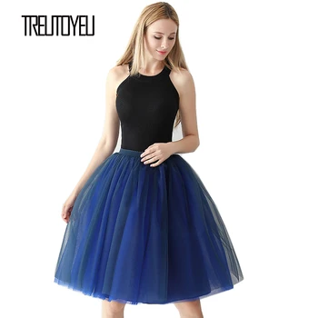 

Treutoyeu Design Women Tutu Skirts Knee Length Navy+Royal Blue 6 Layers Bridesmaids Midi Pleated Tulle Skirt Spodnica Tiulowa