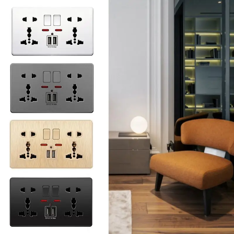 

Multifunction UK 13A Wall Socket Push Button 2.1A Double USB Charging Ports Three-hole Two-hole Wall Outlet Home Power Plug Butt