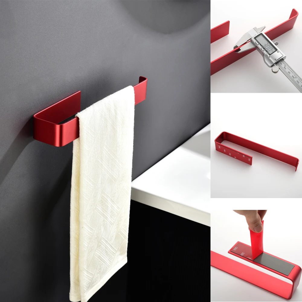 Aluminum Bathroom Accessories Sets 3M Tape Toilet Brush Holder Ceramic Toilet Roll Paper Holder Red Robe Hook Towel