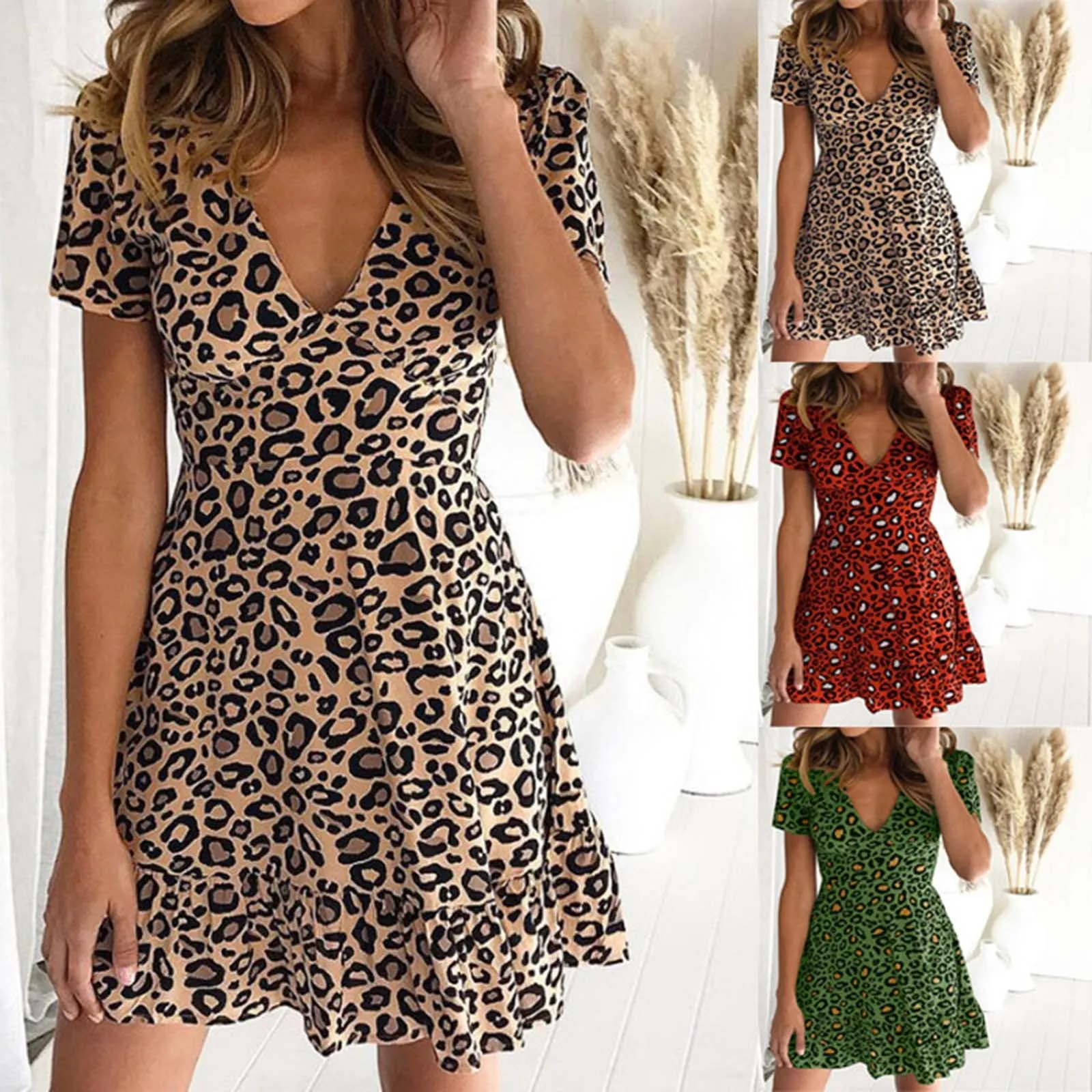 New Women's Summer Dress 2021 V-Neck Printing Leopard Loose Casual Fashion Short Sleeve Mini Dress платье женское летнее 1