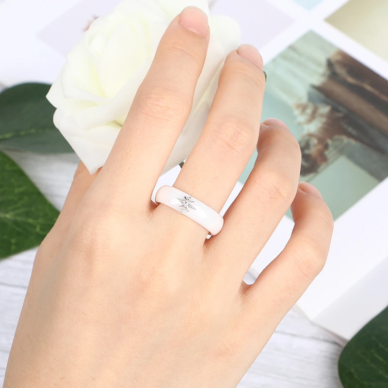 Элегантный 925 пробы серебряная звезда с 6 мм черный белый кольцо для женщин Кристалл Модные ювелирные изделия никогда не выцветает керамические ювелирные изделия
