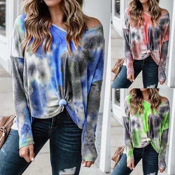 

Womens Tie-dye Printed Loose Long-Sleeved V-Neck Sweater