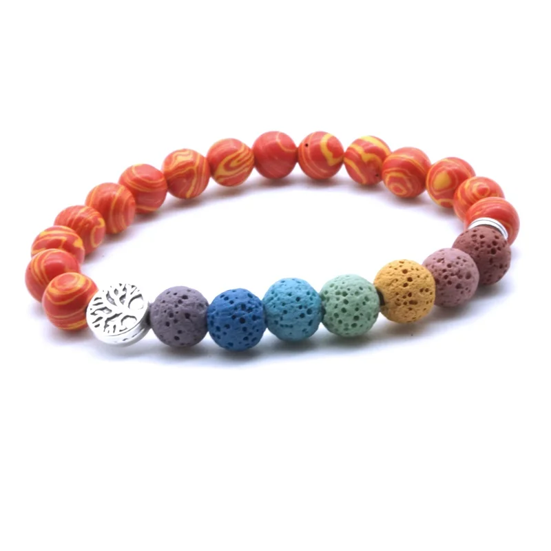 Tree of Life 8mm Colorful Seven Chakras Black Lava Stone Bracelet DIY Aromatherapy Essential Oil Diffuser Bracelet Yoga Jewelry