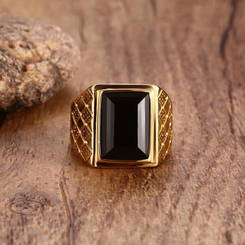 Black Gold Men Fashion Rings Black Stone Black Rings Black Stone