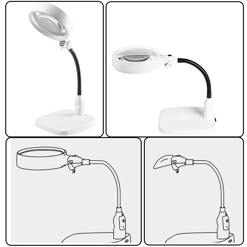 Illuminated Desktop Magnifier Reading Magnifier 6 LED Magnifying Glass Metal Base Flexible Tube Repairing Tools Reading Home