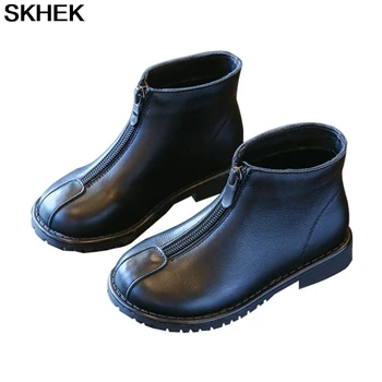 

SKHEK Girls 2020 Leather Boots New Style Autumn Winter Children Martin Boots Baby Soft Anti-Slip Ankle Shoes Front Zipper