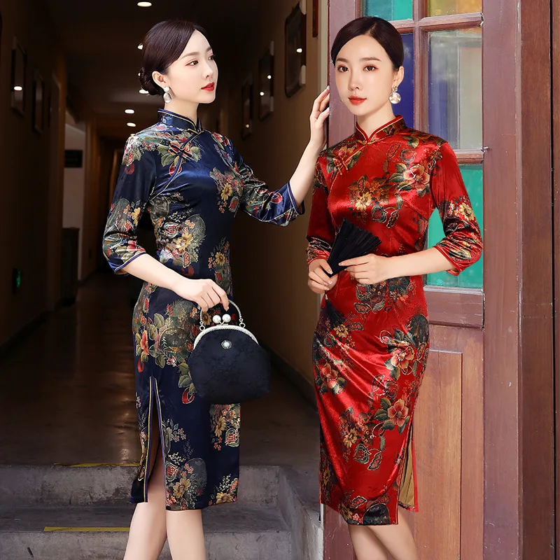 Новинка, элегантное женское велюровое свадебное платье Cheongsam с китайским цветочным принтом, большие размеры 4xl, тонкое сексуальное платье Qipao Vestidos