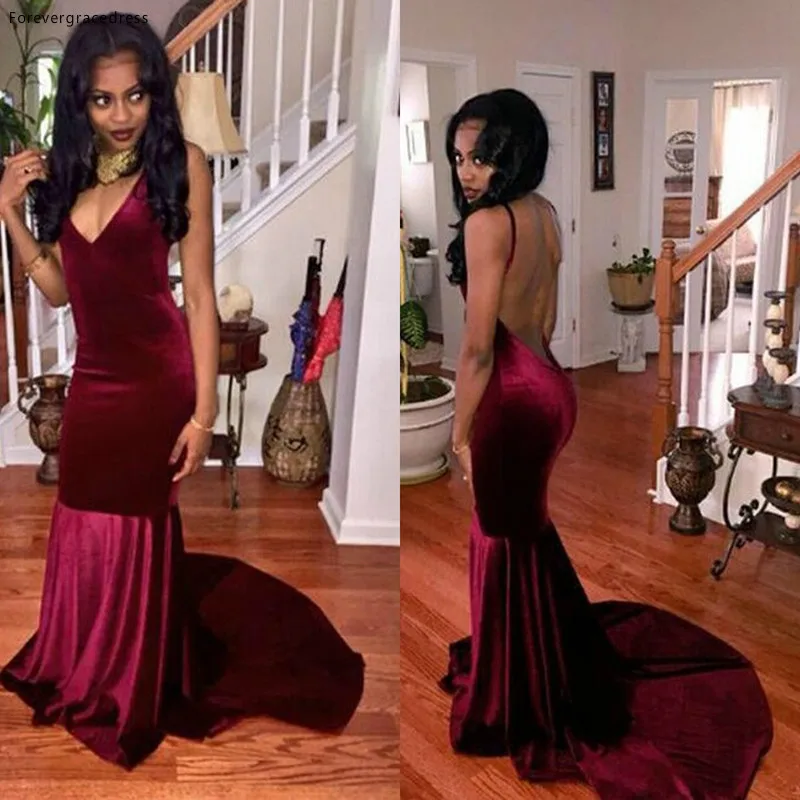 

Wine Red Velvet Prom Dress V Neck Backless Women Party Wear Formal Event Gown