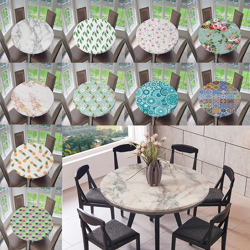 Round Elastic Table Cover Waterproof Table Cloth, 47 / 59 Inch Option, Indoor / Outdoor Use, Satin / Dirty / Scratch Protection