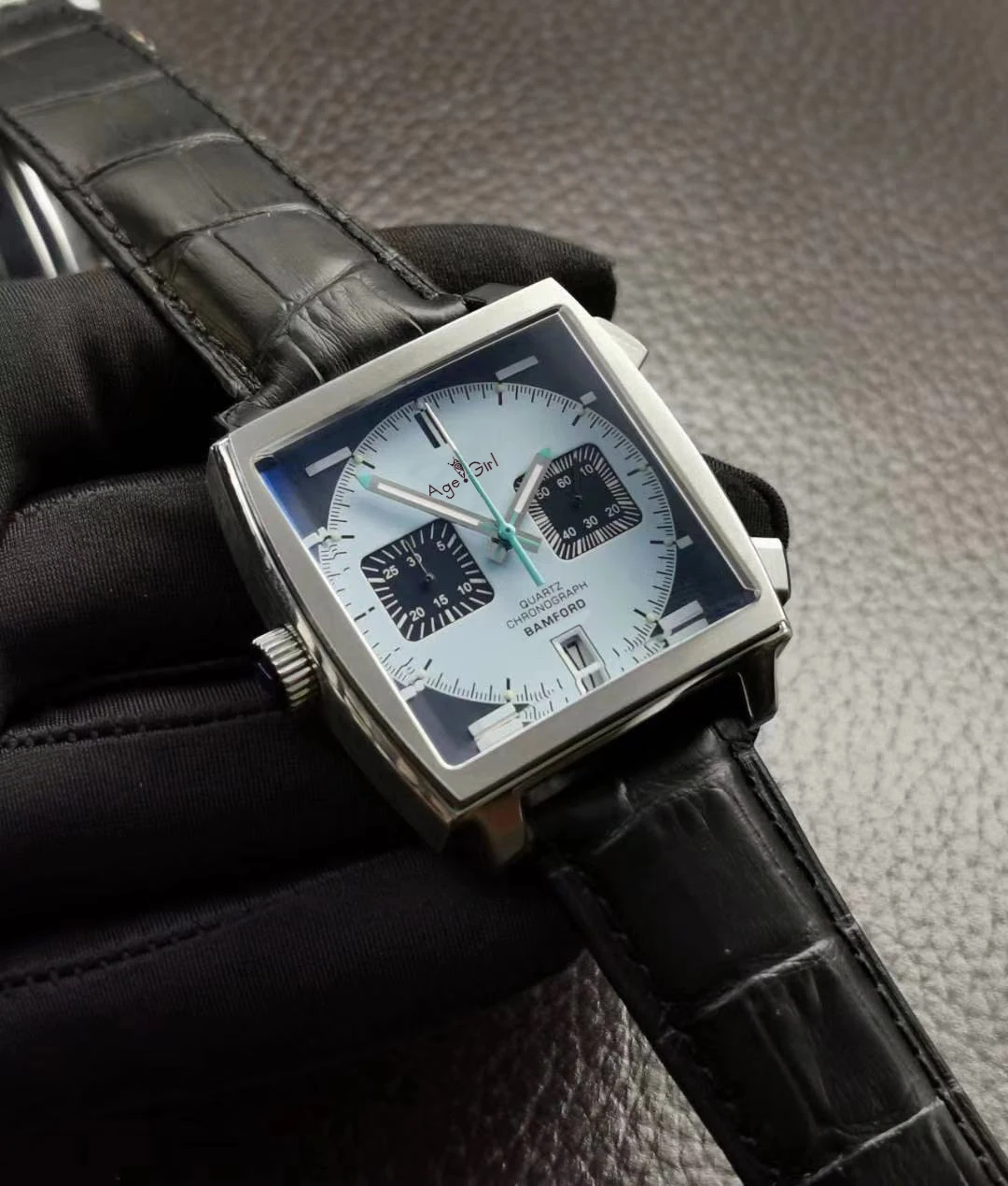 

Luxury Brand New Men Silver Black Sky Blue Leather Stainless Steel Chronograph Green Gulf Racing Sapphire Special Edition Watch