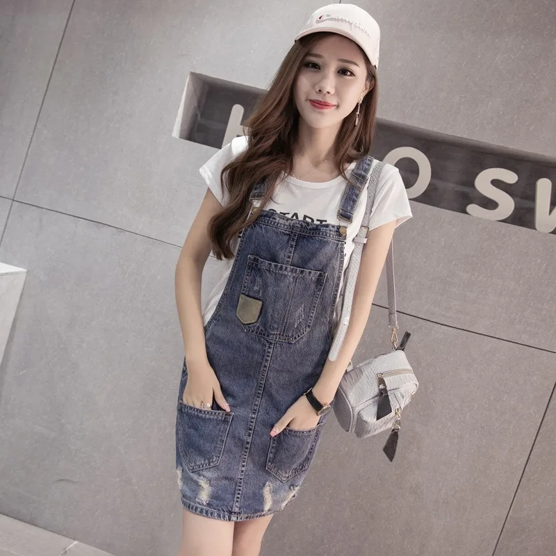 Модное джинсовое платье летние женские джинсовые платья на бретелях с дырками
