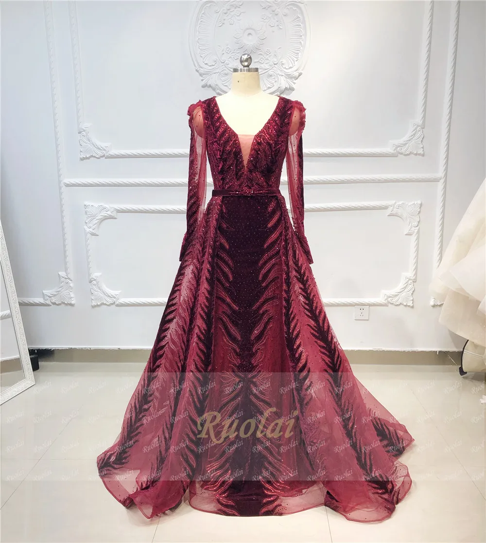 satin prom dress Luxury Dubai Evening Dress Mermaid V-Neck Long Sleeves Velvet Crystal Handmade Arabic Plus Size Formal Prom Party Gowns windsor prom dresses Prom Dresses