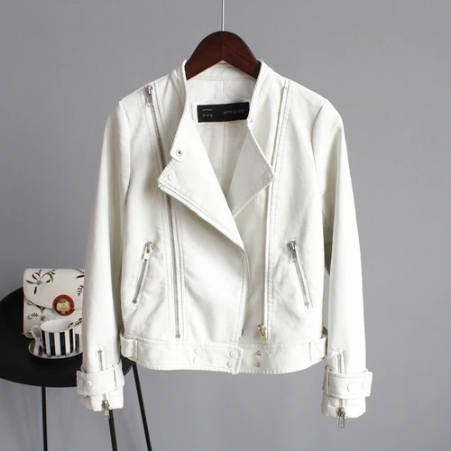 Autumn New Stand Collar Woman Short Motorcycle Leather Jacket Lady's Fashion Wash PU Leather Coats - Цвет: Белый