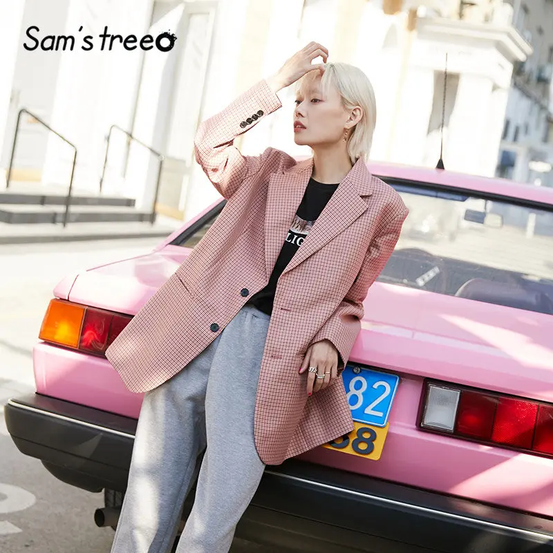 

SAM'S TREE Korean Loose Elegant Workwear Women Blazer 2020 Spring Pink Plaid British Button Office Ladies Coat
